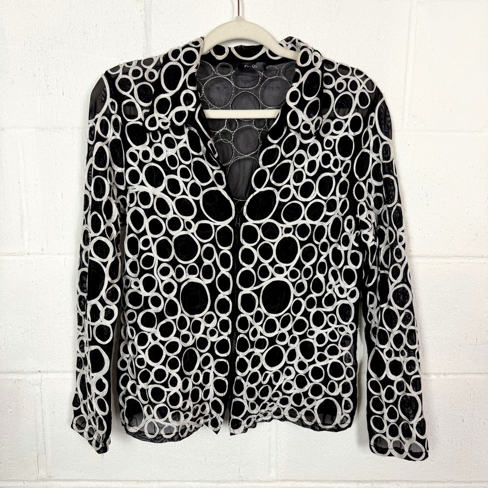 P's & Q's‎ Zip Up Collar Top Sheer Mesh Ribbon Detail Artsy Eclectic Unique XL